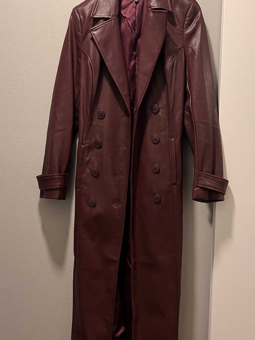 Bardot Long Double-Breasted Leather Trench Coat - Plum Wine Burgundy